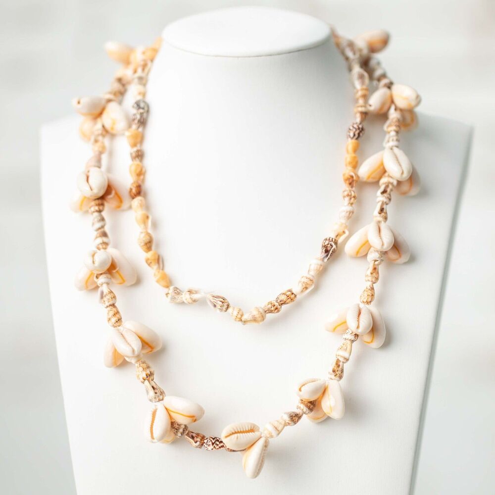 Natural Cowrie Shell Necklace Long Seashell Boho Beach Coastal Statement Jewelry
